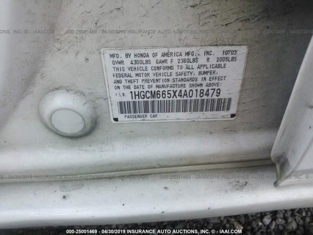 1HGCM665X4A018479 - 2004 HONDA ACCORD EX WHITE photo 9