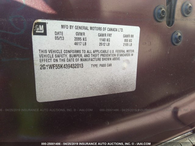 2G1WF55K439432013 - 2003 CHEVROLET IMPALA BURGUNDY photo 9