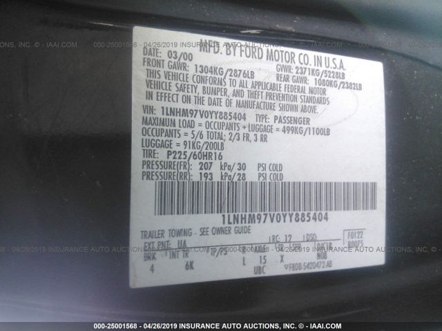 1LNHM97V0YY885404 - 2000 LINCOLN CONTINENTAL  BLACK photo 9