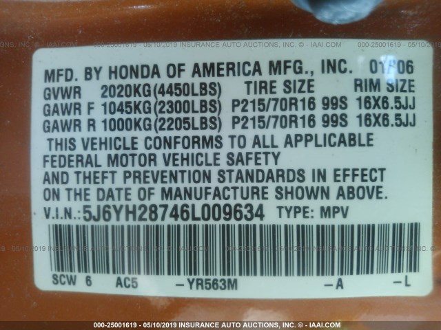 5J6YH28746L009634 - 2006 HONDA ELEMENT EX ORANGE photo 9