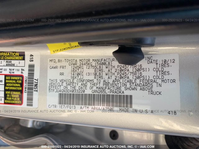 5TFJU4GN3DX033220 - 2013 TOYOTA TACOMA DOUBLE CAB PRERUNNER SILVER photo 9