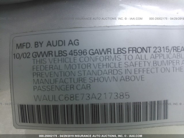 WAULC68E73A217385 - 2003 AUDI A4 1.8T QUATTRO SILVER photo 9