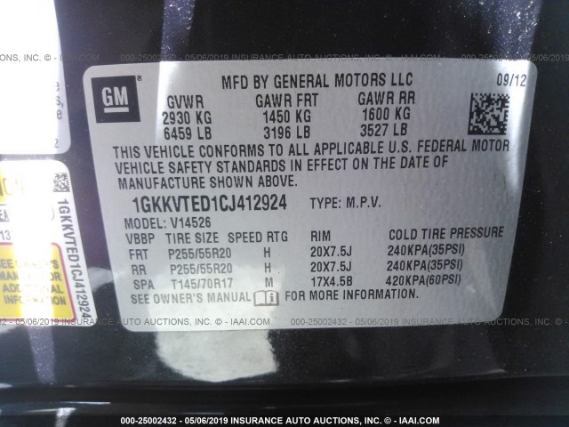 1GKKVTED1CJ412924 - 2012 GMC ACADIA DENALI BLACK photo 9