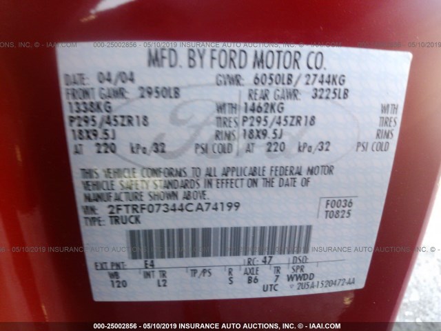 2FTRF07344CA74199 - 2004 FORD F150 SVT LIGHTNING RED photo 9