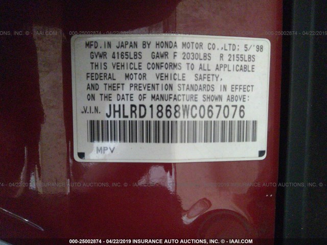 JHLRD1868WC067076 - 1998 HONDA CR-V EX RED photo 9