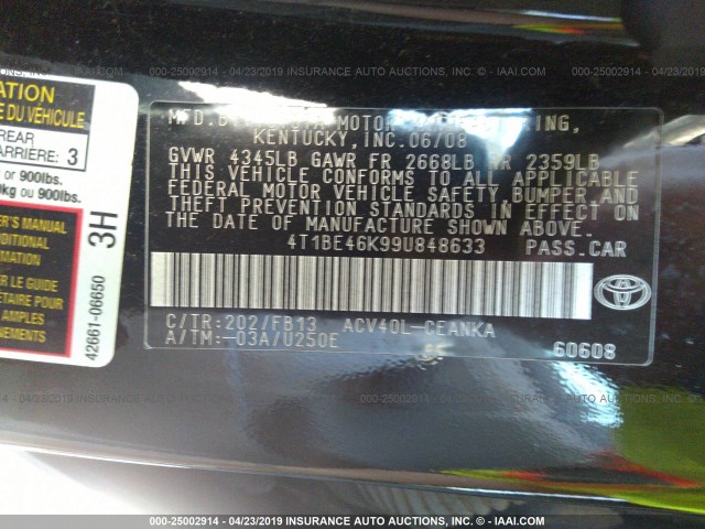 4T1BE46K99U848633 - 2009 TOYOTA CAMRY SE/LE/XLE BLACK photo 9
