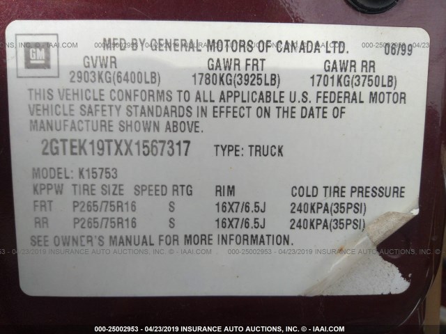 2GTEK19TXX1567317 - 1999 GMC NEW SIERRA K1500 BROWN photo 9