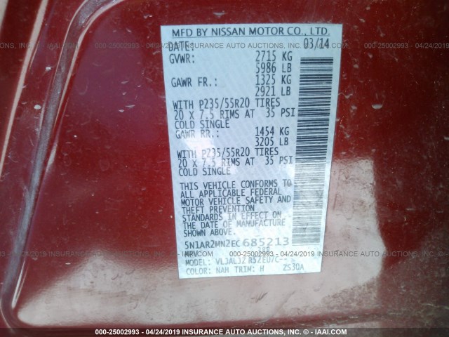 5N1AR2MN2EC685213 - 2014 NISSAN PATHFINDER S/SV/SL/PLATINUM BURGUNDY photo 9