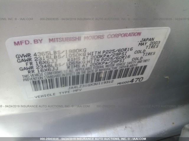 JA4LZ31GX3U119312 - 2003 MITSUBISHI OUTLANDER LS SILVER photo 9