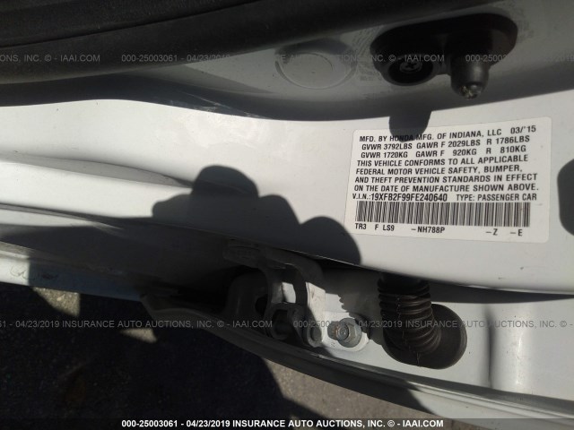 19XFB2F99FE240640 - 2015 HONDA CIVIC EXL WHITE photo 9