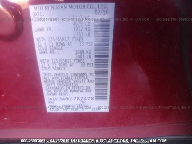 5N1AT2MV9EC787478 - 2014 NISSAN ROGUE S/SL/SV RED photo 9