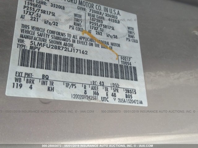 5LMFU28R72LJ17162 - 2002 LINCOLN NAVIGATOR 金色 照片 9