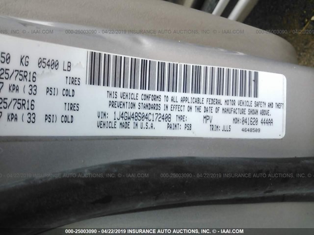 1J4GW48S04C172408 - 2004 JEEP GRAND CHEROKEE LAREDO/COLUMBIA/FREEDOM 银色 照片 9