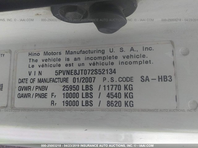 5PVNE8JT072S52134 - 2007 HINO HIN  WHITE photo 9