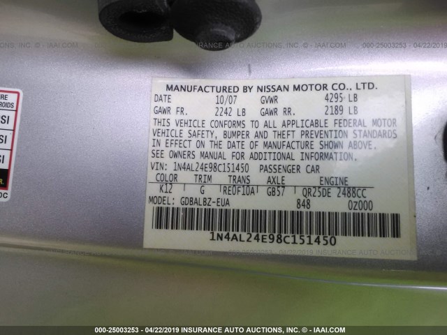 1N4AL24E98C151450 - 2008 NISSAN ALTIMA 2.5S SILVER photo 9