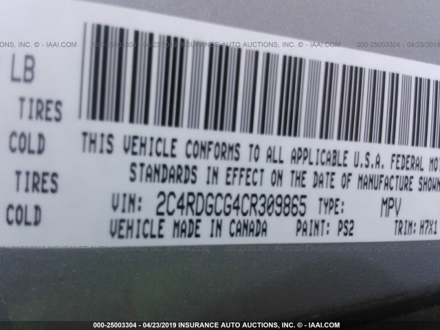 2C4RDGCG4CR309865 - 2012 DODGE GRAND CARAVAN SXT SILVER photo 9