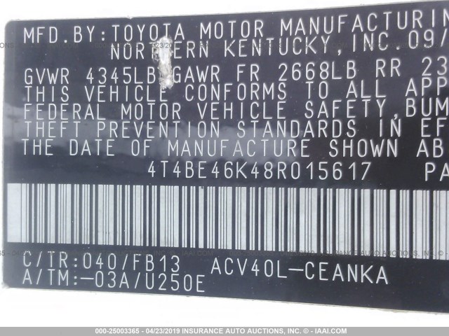 4T4BE46K48R015617 - 2008 TOYOTA CAMRY CE/LE/XLE/SE WHITE photo 9