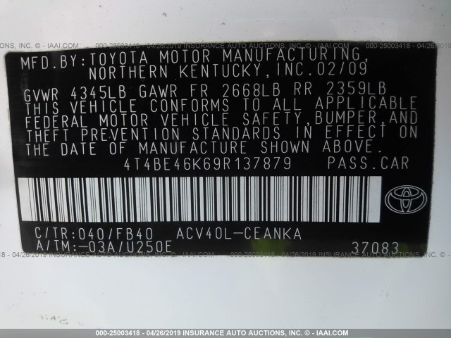 4T4BE46K69R137879 - 2009 TOYOTA CAMRY SE/LE/XLE WHITE photo 9