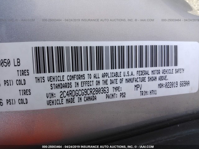 2C4RDGCG9CR280363 - 2012 DODGE GRAND CARAVAN SXT SILVER photo 9