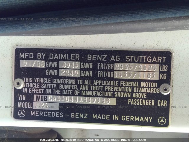 WDBCA35D4JA389338 - 1988 MERCEDES-BENZ 420 SEL WHITE photo 9