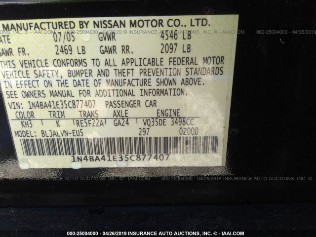 1N4BA41E35C877407 - 2005 NISSAN MAXIMA SE/SL BLACK photo 9