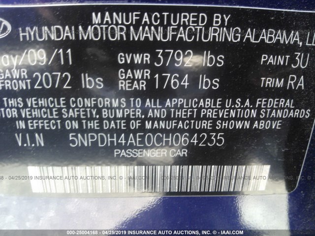 5NPDH4AE0CH064235 - 2012 HYUNDAI ELANTRA GLS/LIMITED 蓝色 照片 9