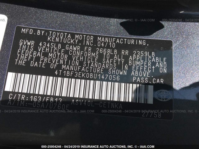 4T1BF3EK0BU147056 - 2011 TOYOTA CAMRY SE/LE/XLE GRAY photo 9
