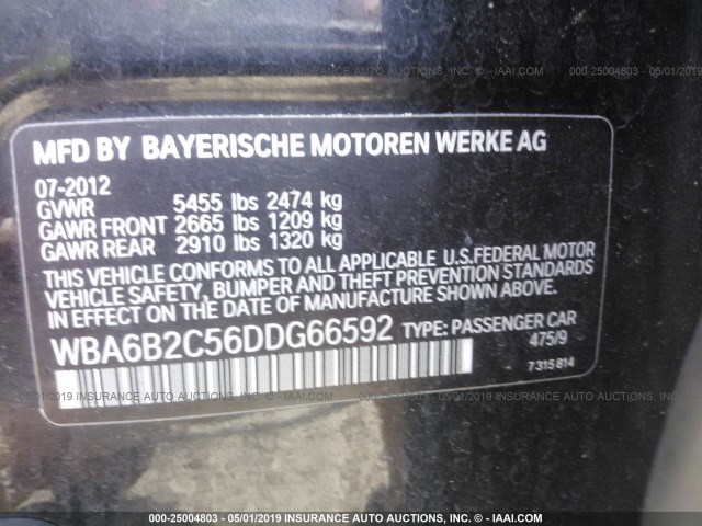 WBA6B2C56DDG66592 - 2013 BMW 650 I BLACK photo 9