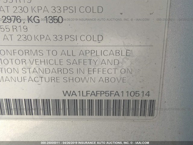 WA1LFAFP5FA110514 - 2015 AUDI Q5 PREMIUM PLUS SILVER photo 9