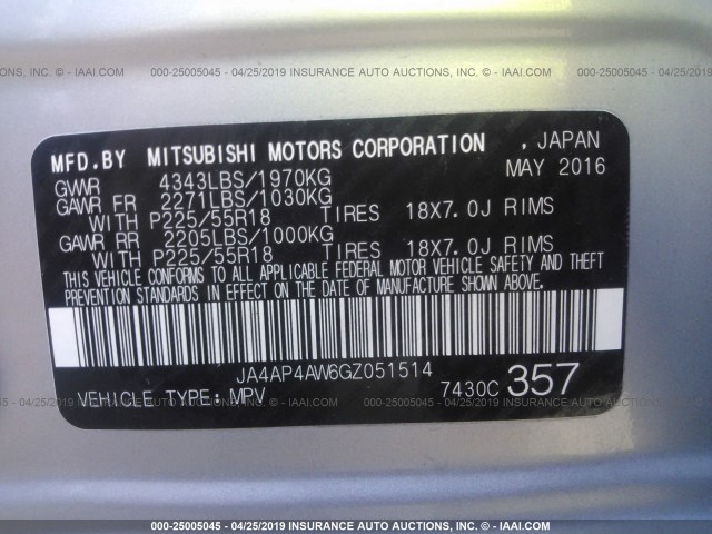 JA4AP4AW6GZ051514 - 2016 MITSUBISHI OUTLANDER SPORT SEL/GT SILVER photo 9