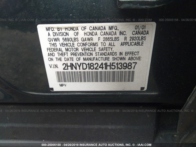 2HNYD18241H513987 - 2001 ACURA MDX BLACK photo 9