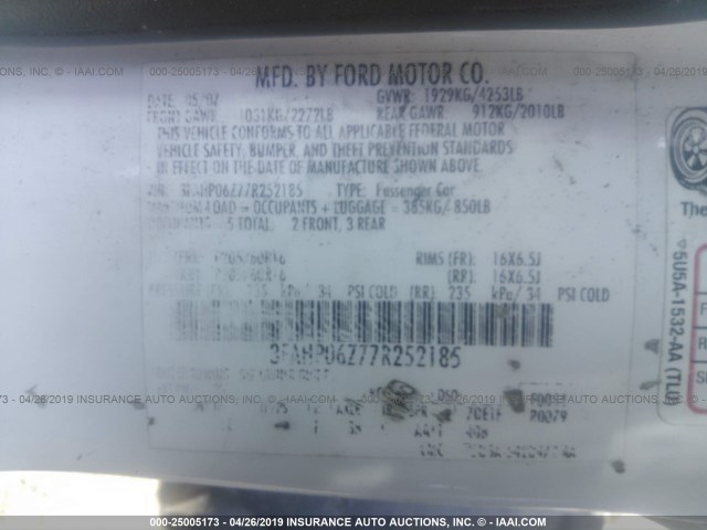 3FAHP06Z77R252185 - 2007 FORD FUSION S WHITE photo 9