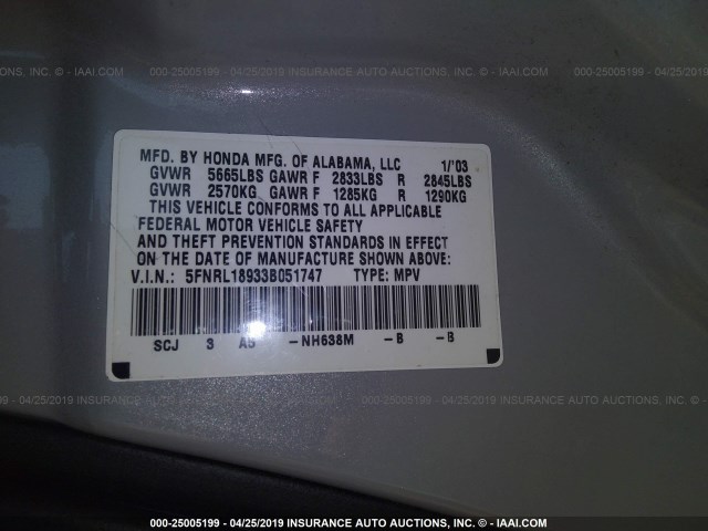 5FNRL18933B051747 - 2003 HONDA ODYSSEY EXL SILVER photo 9