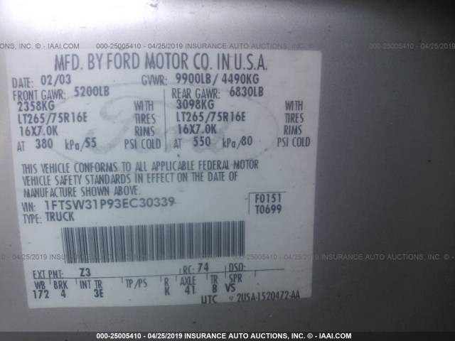 1FTSW31P93EC30339 - 2003 FORD F350 SRW SUPER DUTY SILVER photo 9