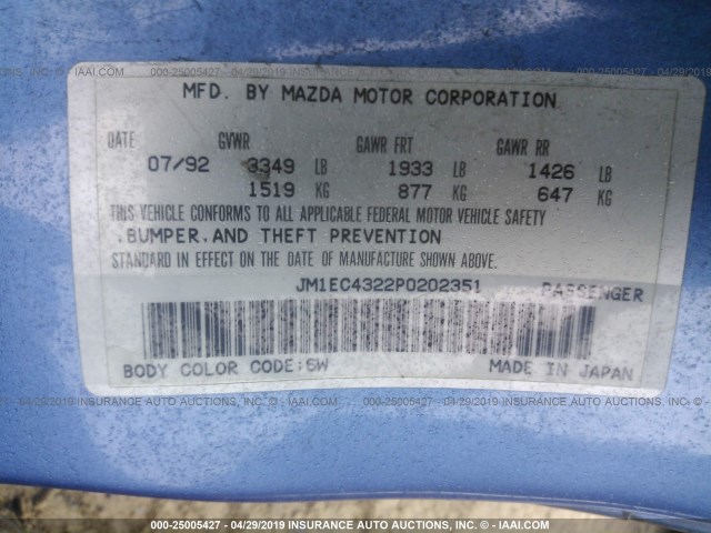 JM1EC4322P0202351 - 1993 MAZDA MX-3 GS BLUE photo 9