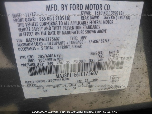 MAJ3P1TE6JC175607 - 2018 FORD ECOSPORT SE GRAY photo 9