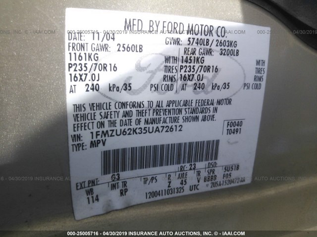 1FMZU62K35UA72612 - 2005 FORD EXPLORER XLS/XLS SPORT 金色 照片 9