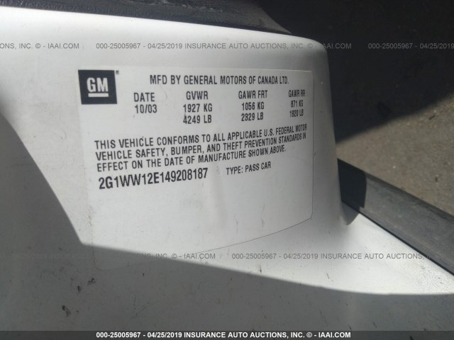 2G1WW12E149208187 - 2004 CHEVROLET MONTE CARLO LS თეთრი ფოტო 9