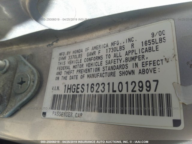 1HGES16231L012997 - 2001 HONDA CIVIC DX SILVER photo 9