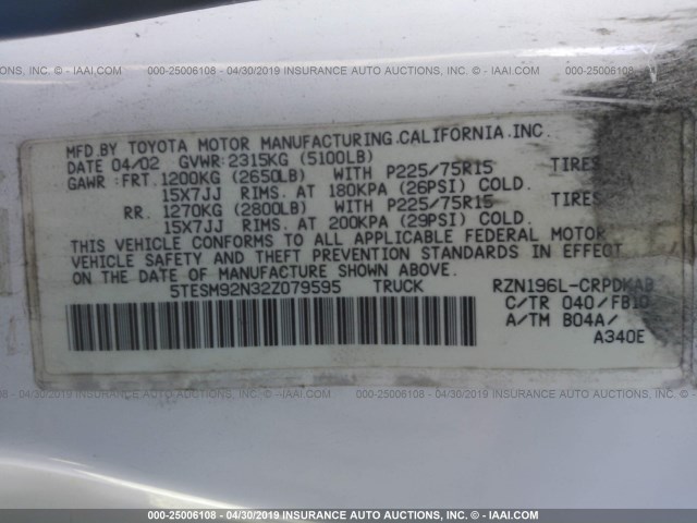 5TESM92N32Z079595 - 2002 TOYOTA TACOMA XTRACAB PRERUNNER თეთრი ფოტო 9