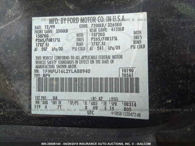 1FMPU16L2YLA88940 - 2000 FORD EXPEDITION XLT BLACK photo 9