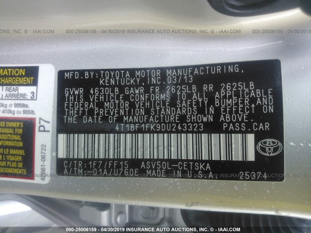 4T1BF1FK9DU243323 - 2013 TOYOTA CAMRY L/SE/LE/XLE 银色 照片 9