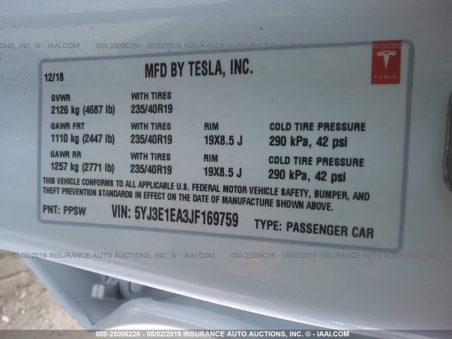 5YJ3E1EA3JF169759 - 2018 TESLA MODEL 3 WHITE photo 9