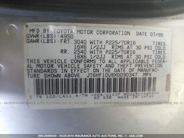 JT6HF10U8X0090347 - 1999 LEXUS RX 300 SILVER photo 9