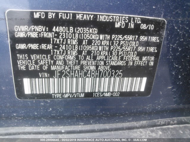 JF2SHAHC4BH700325 - 2011 SUBARU FORESTER LIMITED BLUE photo 9