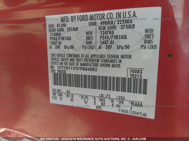 1FTYR11V3YPB04882 - 2000 FORD RANGER RED photo 9