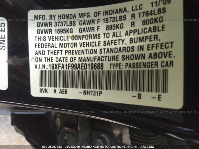 19XFA1F99AE019688 - 2010 HONDA CIVIC EXL BLACK photo 9