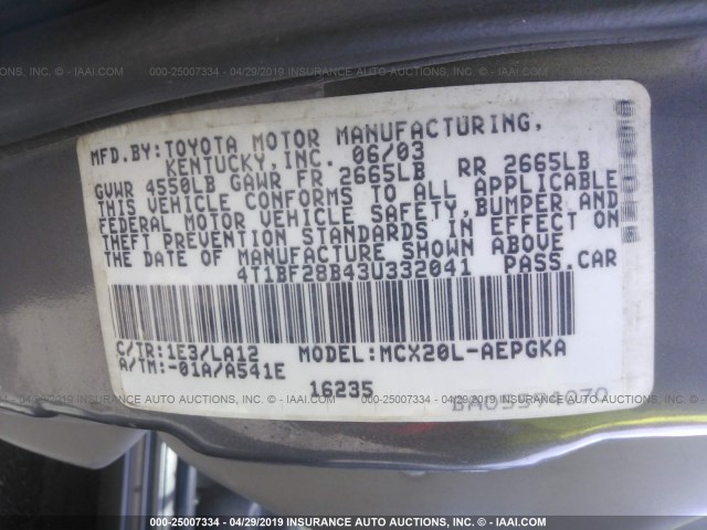 4T1BF28B43U332041 - 2003 TOYOTA AVALON XL/XLS GRAY photo 9