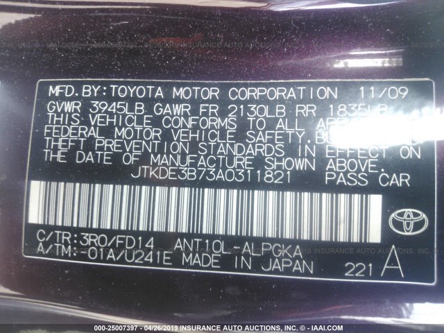 JTKDE3B73A0311821 - 2010 TOYOTA SCION TC BURGUNDY photo 9