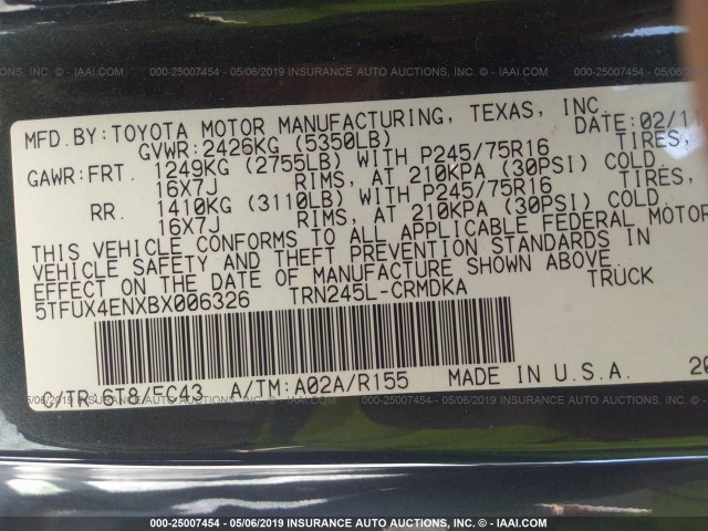 5TFUX4ENXBX006326 - 2011 TOYOTA TACOMA ACCESS CAB მწვანე ფოტო 9